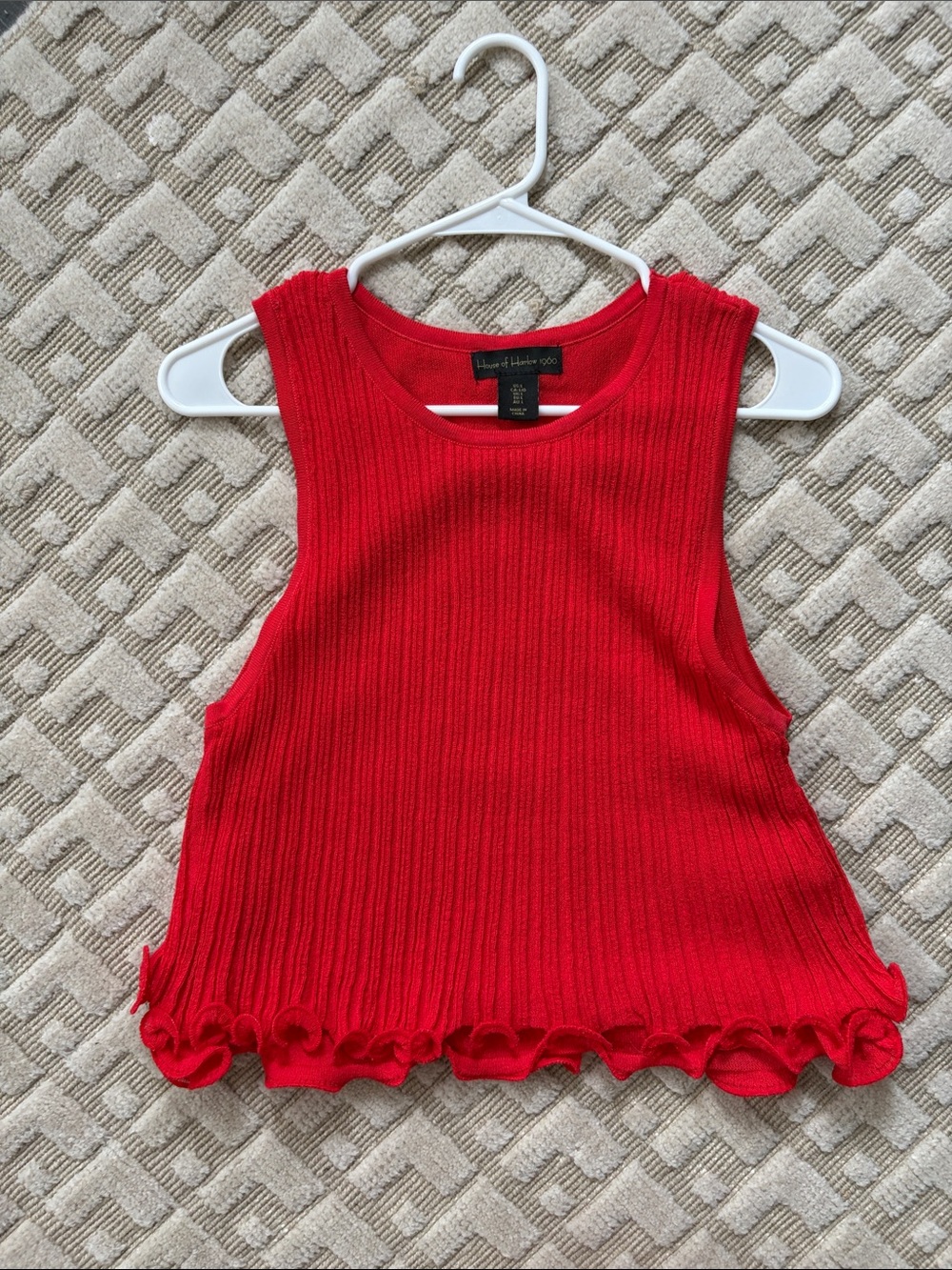 House of Harlow 1960 Bright Red Ribbed Tank with Ruffle Hem
